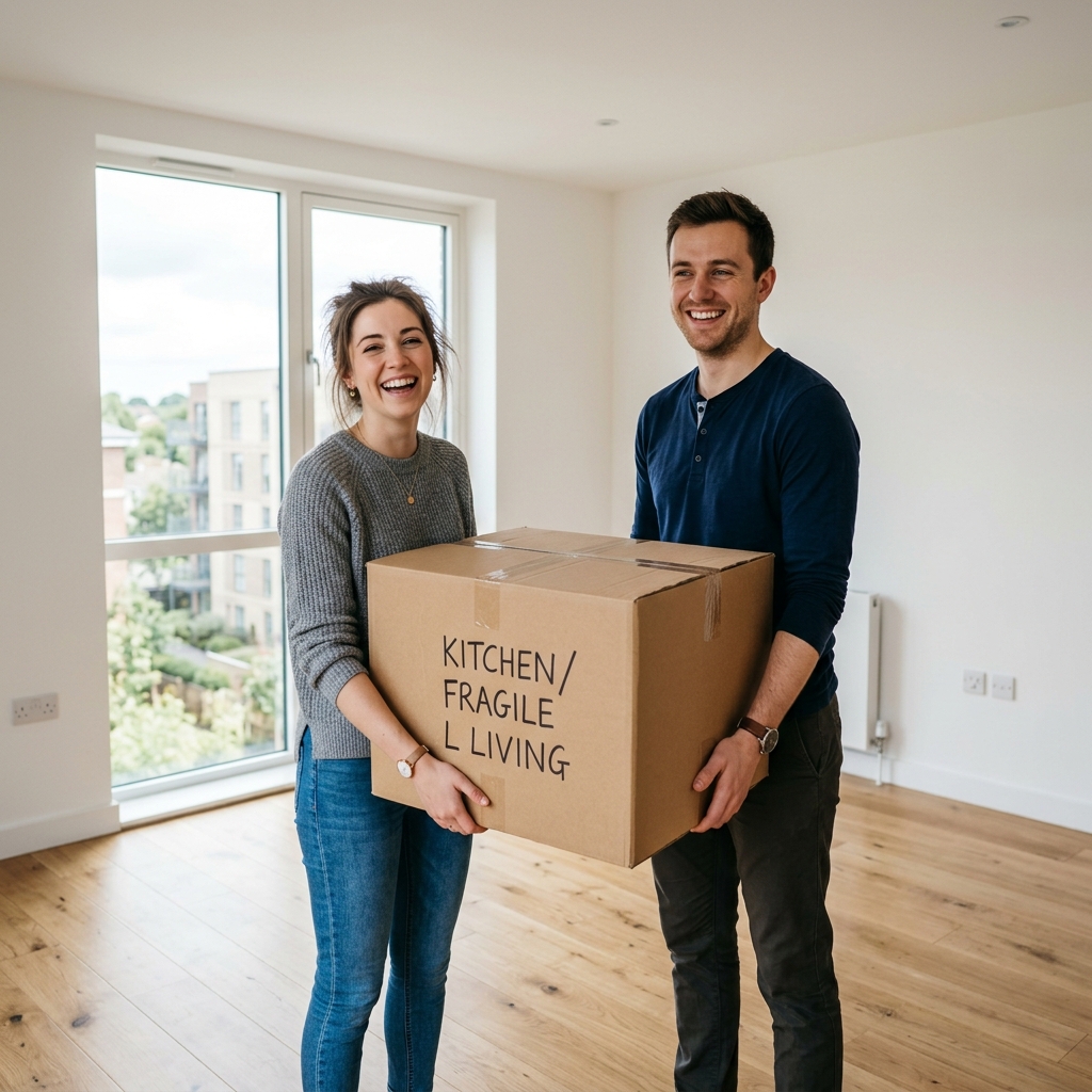 Happy couple moving